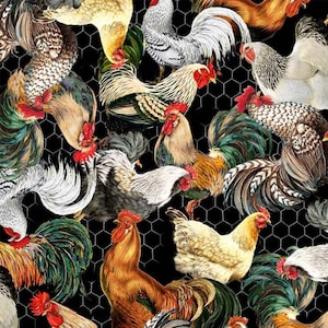 AWESOME CHICKENS on black fabric, Michael Miller, 100% cotton fabric, farm fabric, quilt fabric, chicken fabric! Free Shipping 35 dollars+!