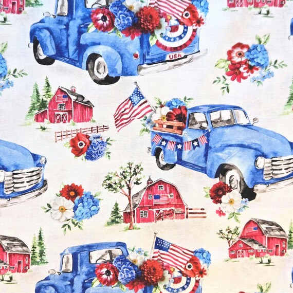 Stars and Stripes Cotton Fabric: Red, White, Blue Truck Print Quilting or Crafting Material