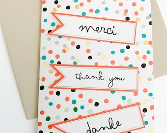 Merci, Thank you, Danke card. Colorful Thank You Notecards. Festive, Modern Thanks To Mom, Dad, Sister, Brother, Cousin, Friend, Coworker