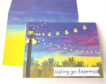 Handmade String lights for party at nighttime. Card for graduation, fathers day, 4th of July, summer wedding: Dusk to night  card