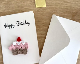 Handmade Crochet Birthday Cake Card: Pink, Blue, Yellow