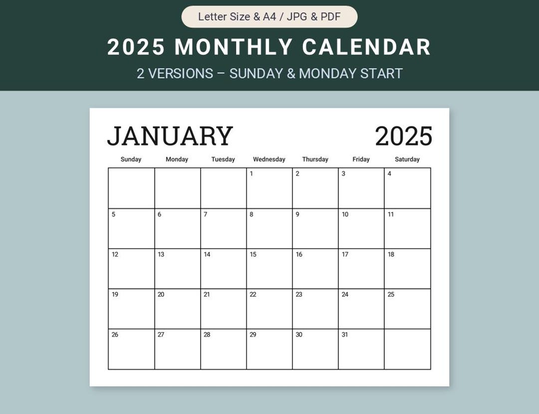 2025 Monthly Calendar Printable Calendar PDF Letter Size A4