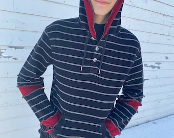 Unisex Men's Hoodie Sweater OOAK Recycled...Red,black,stripes,black and white,reuse, upcycle, recycle, eco-friendly, eco, hippie, patchwork