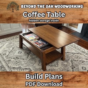 May include: A wooden coffee table with a lift-top design, revealing hidden storage. The table is a warm brown color and features a lower shelf. The text on the image reads "Coffee Table" and "hidden storage inside."