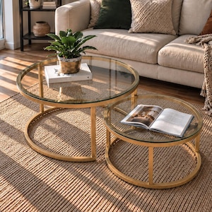 Soffbord i härdat glas, set om 2, runda sidobord i guldfärgat glas, vardagsrumsmöbler i art déco-stil, modernt, elegant bord i härdat glas