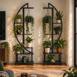 May include: Two black metal semi-circular shelving units with multiple tiers, each holding various potted green plants. The shelves feature a curved frame design, horizontal surfaces for display, and small wheels at the base for mobility.