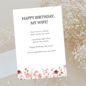 Printable 5x7 Birthday Card for Wife – Floral Watercolor Digital Greeting Card, Romantic Poem
