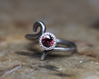 Romantic Wine Red Zircon Engagement Ring Dark Silver Antique Finish Simple Bridal Milgrain Scroll Band Maroon Gemstone Boho - Burgundy Drop