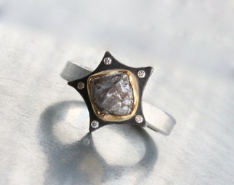 Rough Gray Diamond Star Engagement Ring Oxidized Silver 22k Yellow Gold 5 Sparkly White Diamonds Romantic Bridal Band - Meteoric Star