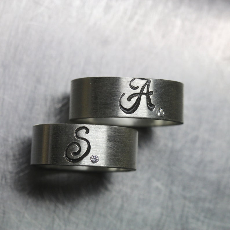 Unisex Hand Stamped Initial Wedding Ring White Diamond Etsy