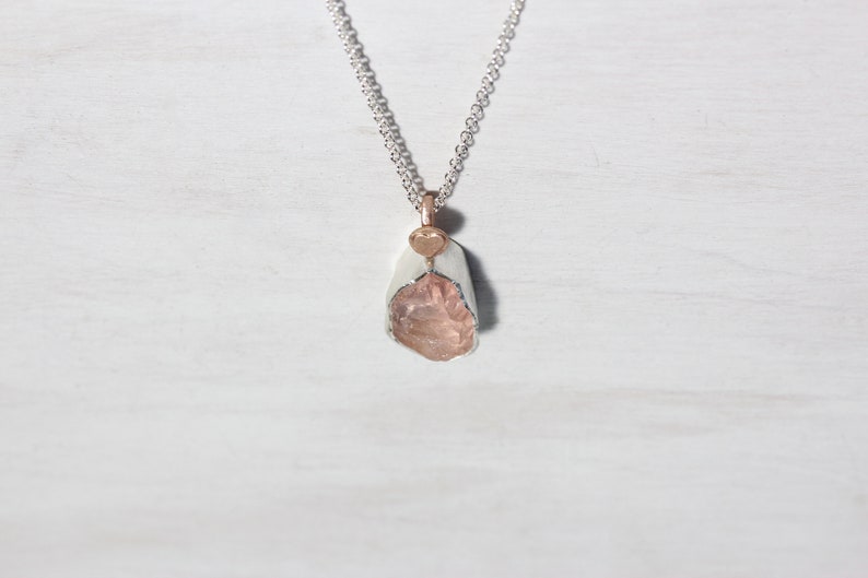 Rough Rose Quartz Crystal Necklace Silver 14K Rose Gold Romantic Drop Heart Bezel Pendant Raw Pink Pastel Madagascar Gemstone Rosentropfen image 6