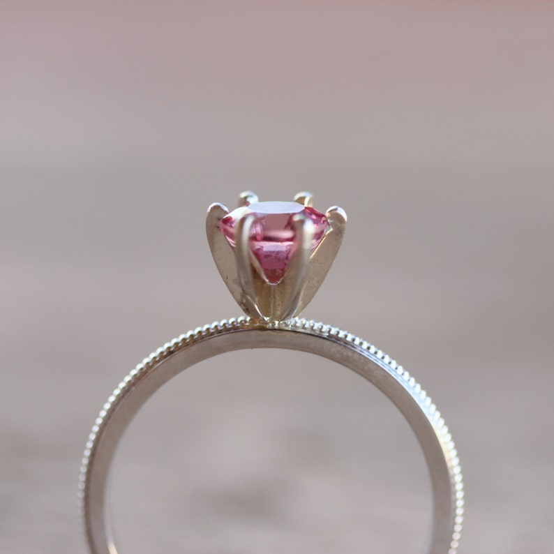 Romantic Pink Spinel Engagement Ring 14k White Gold Milgrain Detail Traditional 6 Prong Bridal Band Sparkly Bright Gemstone Blush Twinkle image 4