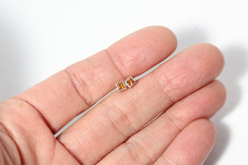 Tiny Square Orange Sapphire Stud Earrings Simple Mini Accessories September Birthstone Cute Glowing Princess Cut Bezel Gemstone Fire Boxes image 8