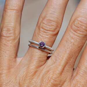 Delicate Wedding Ring Set Purple Spinel Silver Half Bezel Bridal Band Minimalistic Understated Violet Faceted Gemstone For Her Sugarplum image 6