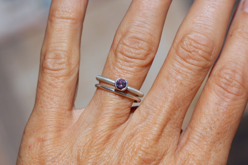 Delicate Wedding Ring Set Purple Spinel Silver Half Bezel Bridal Band Minimalistic Understated Violet Faceted Gemstone For Her Sugarplum image 6