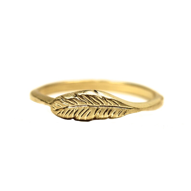 Delicate Organic Feather Ring 14K Yellow Gold Woodland Boho Bird Wing Warm Golden Glow Nature Light Flight Stackable Band Feather's Gold image 4