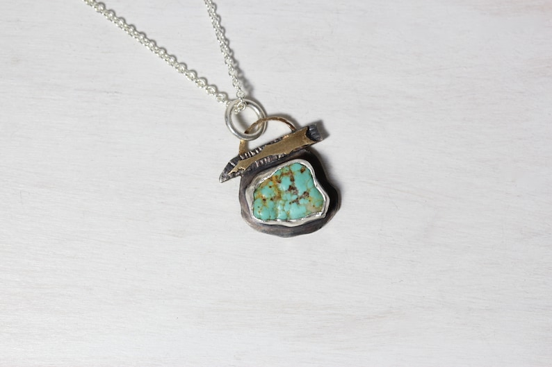 Rustic Raw Cerrillos Turquoise Necklace Silver 14K Yellow Gold Weathered Hiking Signpost Inspired December Birthstone Pendant Wegweiser image 5