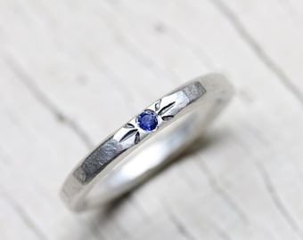 Blue Sapphire Wedding Band Delicate Silver Oxidized Engraving September Birthstone Minimalistic Delicate Bridal Ring Cornflower - Kornblume