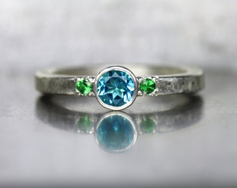 Paraiba Topaz Tsavorite Garnet Engagement Ring Silver Vibrant Genuine Blue Green Gemstone Bridal Tropical Rainforest Wedding - Tropenwald