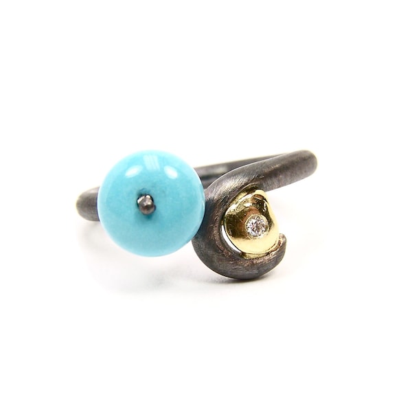 Turquoise Silver Gold Diamond Ring - Turquoise Coil