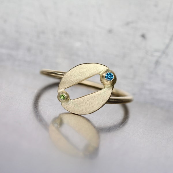 Delicate 14K Yellow Gold Diamond Ring Blue Green Planet Galaxy Outer Space Inspired Modern Statement Design - Planetary Split