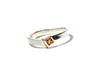 Orange Sapphire Men's or Unisex Ring Unique Princess and Round Cut Bezel Band Silver 18K Yellow Gold Minimalistic Crisp Square - Both Sides