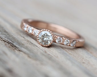 Vintage Inspired Engagement Ring Moissanite Diamond 14K Rose Gold Romantic Elegant Sparkle Bead Milgrain Bridal Pink White - Brilliant Rosé