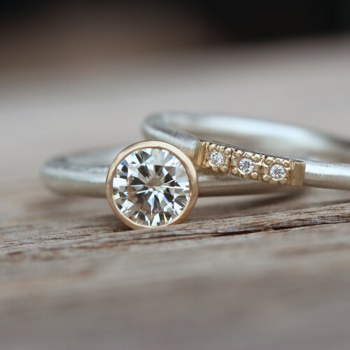 Modern Silver Gold Moissanite Engagement Wedding Ring Set - Etsy