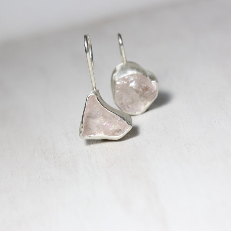 Raw Kunzite Earrings Mismatched Blush Pink Color Dangles Fresh Summer Accessory Silver Rough Gemstones Statement Gift Cotton Candy Cuddles image 5