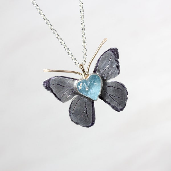 Raw Blue Aquamarine Butterfly Heart Necklace Silver 10K Yellow Gold Nature Lover Pendant Rough Gem Bezel March Birthstone - Spring Azure