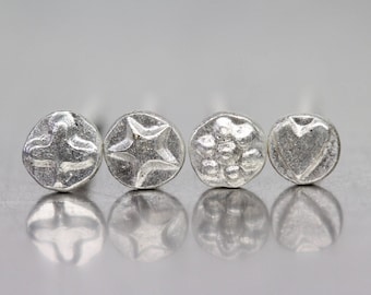 Tiny Cute Mini Stud Earrings Teensy-Weensy Silver Symbol Embossing Heart Star Leaf Flower Single or Mix and Match Gift Idea - Klitzeklein