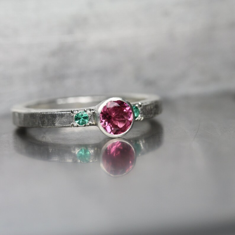 Pink Tourmaline Green Emerald Engagement Ring Silver Modern Spring Summer Wedding Cherry Blossom Fairy Rustic Boho Bridal Band Kirschfee image 2