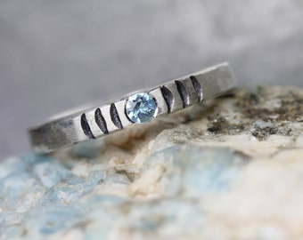 Ice Blue Aquamarine Wave Ring Hammered Sterling Silver Rustic Boho Modern Cool Aqua Black March Birthstone Gift Idea Stackable - Chill Wave