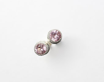 Tiny Blush California Tourmaline Stud Earrings Faceted Pale Pink Gemstones in Silver Bezels with Beaded Rim Cute Buttons for Ear - Blushies