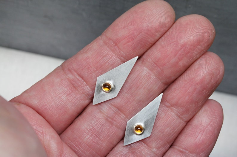 Geometric Citrine Stud Earrings Modern Silver Gold Long Triangle Tiny Golden Orange Gemstone Cabochons November Birthstone Modernist Glow image 10