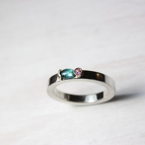 Unique Blue-Green Tourmaline Ring Pale Pink Sapphire Accent Silver 14K Yellow Gold Band Oval Cabochon Round Faceted Gemstone - Shangri-La