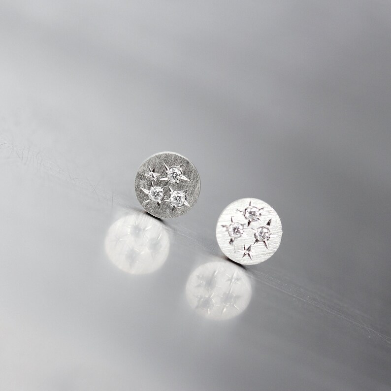 Delicate Tiny 6 Diamond Starburst Stud Earrings Silver Cosmic Sparkle Gray Twinkle Cute Inspirational Graduation Gift Idea Dreisternchen image 1