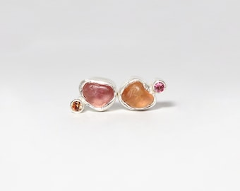 Rough Alluvial Imperial Topaz Stud Earrings Pink Tourmaline Peach Sapphire Silver Bezel Mismatched Orange Purple Raw Gemstones - Candy Rocks