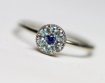 Delicate Blue Zircon Sapphire Engagement Ring 14k White Gold Cluster Setting Ice Flower Winter Frost Snow December Birthstone - Eisblume