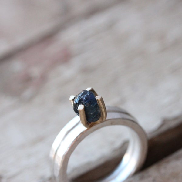 Rough Sapphire Gold Prong Engagement Ring Wedding Band Silver Blue - Sapphire Swear