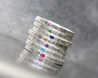 Multicolored Gemstone Stacking Rings Hammered Textured Silver Sapphire / Ruby / Paraiba Topaz / Amethyst / Tsavorite Garnet - The Dab Family