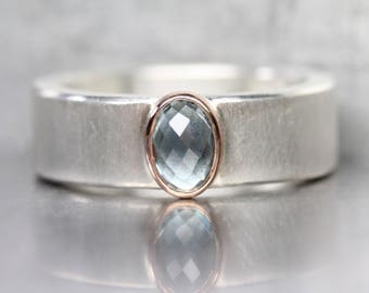 Checkerboard Rose-Cut Montana Sapphire Ring Steel Blue Wide Silver 14K Rose Gold American Gemstone Band September Birthstone - Stahl Royale