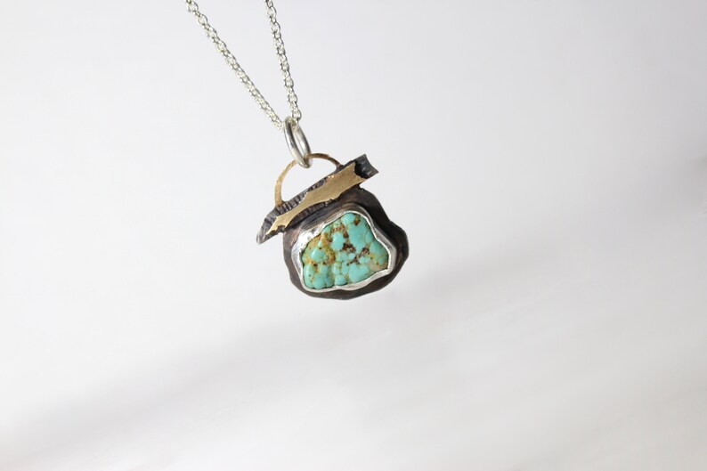 Rustic Raw Cerrillos Turquoise Necklace Silver 14K Yellow Gold Weathered Hiking Signpost Inspired December Birthstone Pendant Wegweiser image 8