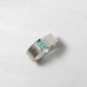 Raw Blue-Green Tourmaline Silver Ring Architectural Style Minimalistic Unique Rough Rectangle Gemstone Bezel Band Design Her - Growth Lines