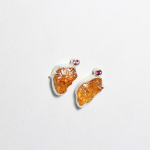 Raw Spessartite Garnet Tourmaline Stud Earrings Mismatched Rustic Rough Orange Pink Firefly Wings Silver 14K Rose Gold Her Feuerflügelchen image 2