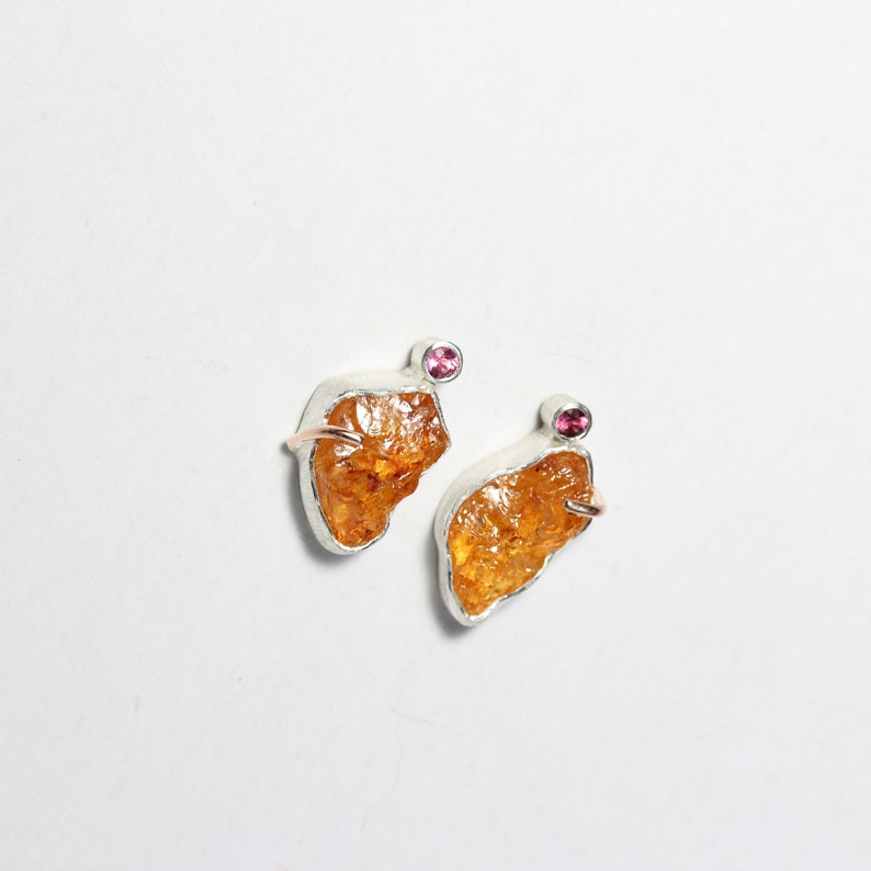 Raw Spessartite Garnet Tourmaline Stud Earrings Mismatched Rustic Rough Orange Pink Firefly Wings Silver 14K Rose Gold Her Feuerflügelchen image 2