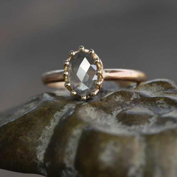 Oval Rose-Cut Checkerboard Diamond Engagement Ring Delicate 14k Yellow Gold Crown Setting Gray Natural Gemstone Medieval - Petite Princess