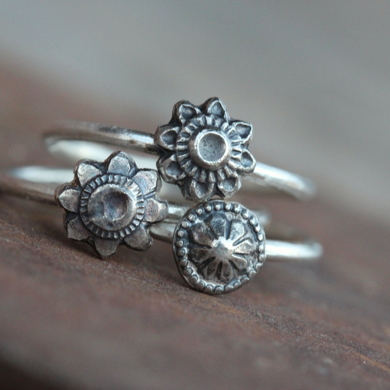 Antique Style Silver Flower Stacking Rings Delicate Primitive Rustic ...