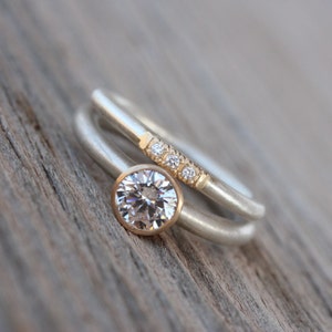 Modern Silver 14K Yellow Gold CZ Engagement Ring Calm Serene Minimalistic Two Tone Mixed Metals Simplistic Hers Bridal Design Zengagement image 4