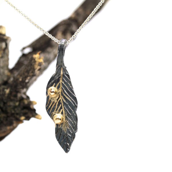 Dark Silver Yellow Gold Feather Necklace Tribal Woodland - Gold Drop Feather